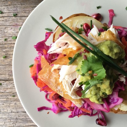 Low FODMAP Stuffed Potatoes with Pomegranate Slaw and Tangy Avocado Dressing