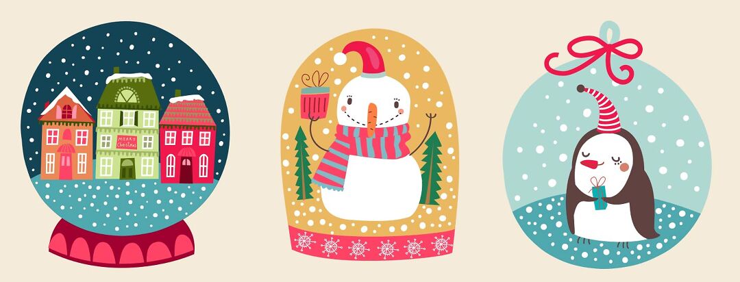 There are three snow globes: one with holiday-decorated houses, the middle with a snow person, and the last one featuring a festive penguin.