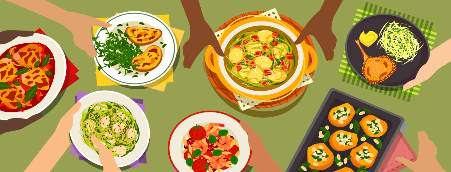 Different plates of food with various hands holding the plates.