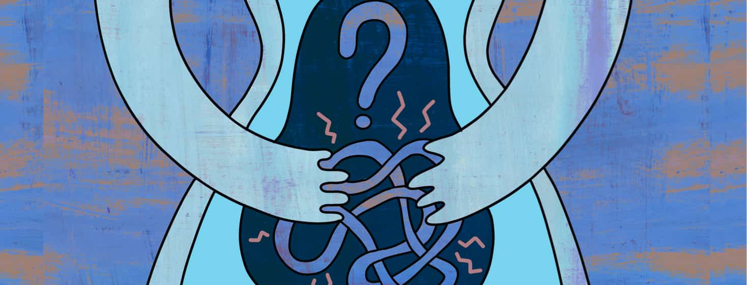 Non-binary person holding stomach with intestines forming a question mark and pain symbols