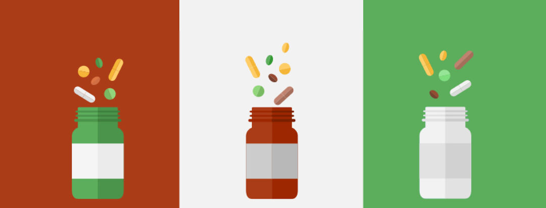 Image of three pill bottles with different pills falling into them on red green and white background