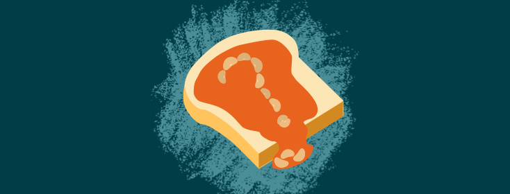 A piece of toast with an orange spread on top that's dripping off the toast and there's a question mark shape on top of the spread