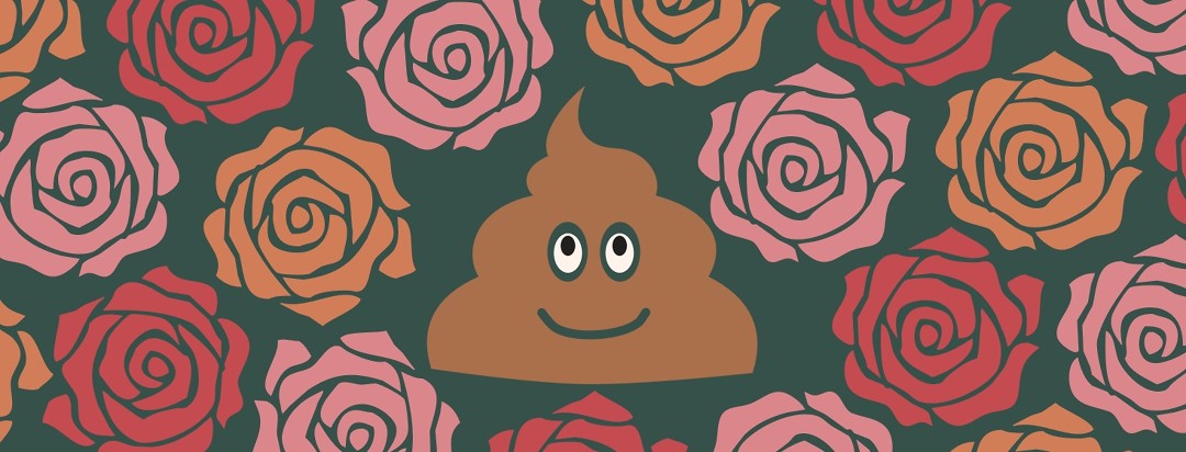 Smiling poo symbol surrounded by roses