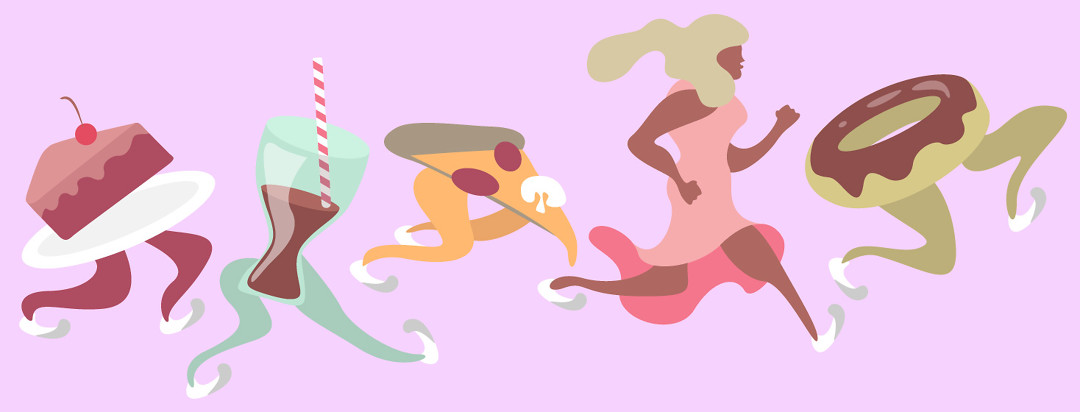 Person running in the middle of various food items that have legs of their own