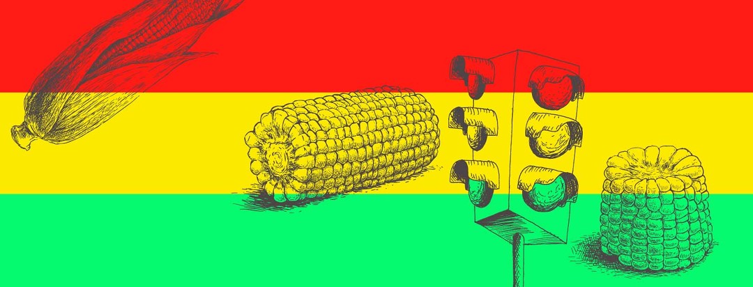 Red, Yellow, green stipes across the entire image with a traffic light in the front and corn on the cob surrounding the background.