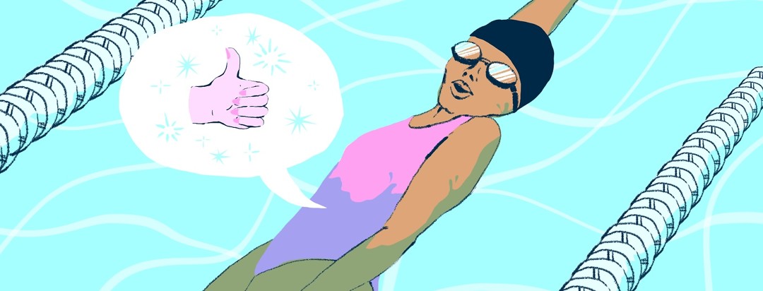 A woman peacefully swims the backstroke in a pool while a speech bubble from her stomach indicates that this form of exercise works well for her.