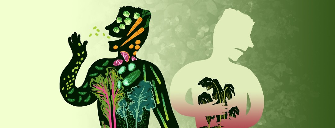 The silhouette of one man is happy and filled with strong, fresh fruits and vegetables while a second silhouette of the same man is filled with wilted greens and the position is of someone in discomfort.