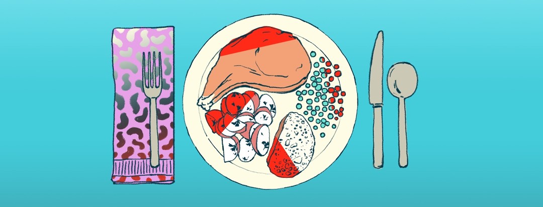 A plate of food shows part of each portion marked out in red, indicating that if the person eating this meal were to eat the full portion (including the red) it may result in discomfort.