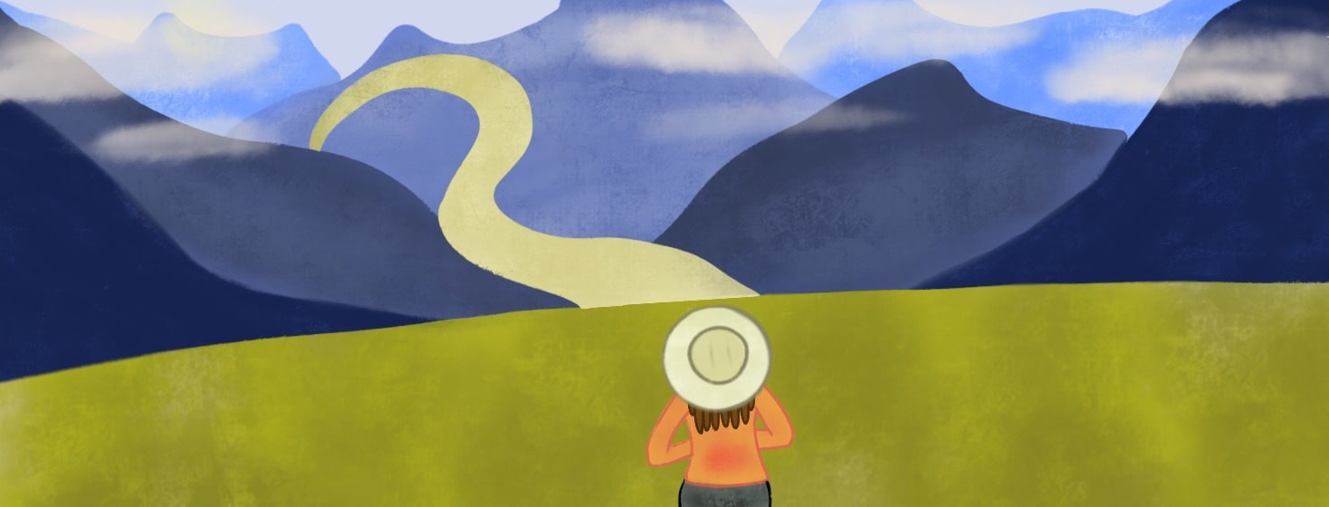 Non-binary person looking out into the mountains holding her stomach in pain. There is a path in the shape of a question mark.
