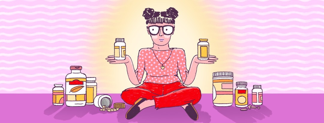 A woman sits on the floor between several bottles of supplements, weighing a bottle in each hand, searching for the perfect balance.