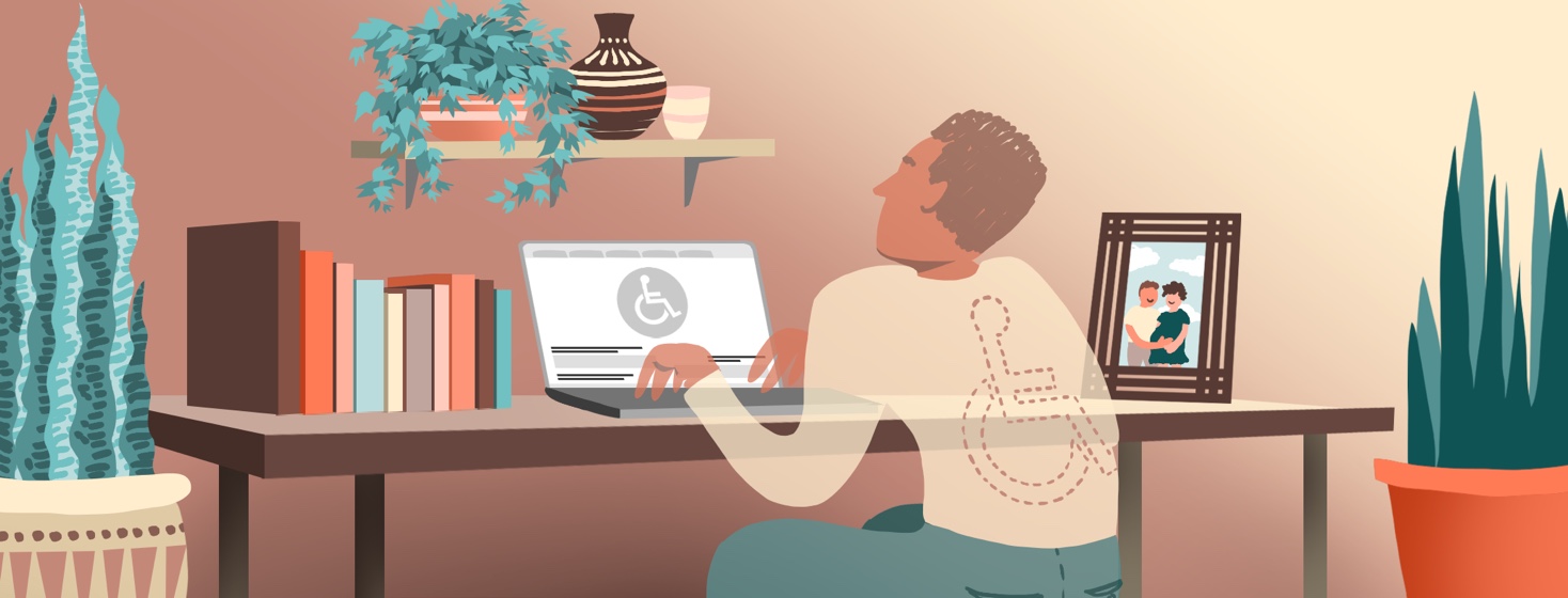 A man sits at a desk filling out disability forms on his laptop. His body is translucent and the handicap symbol is emblazoned on his back in a dotted line.