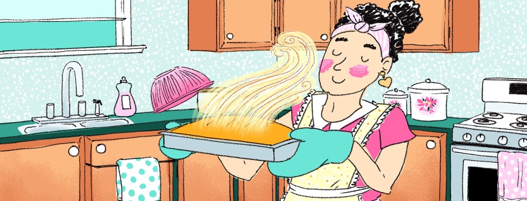 A woman is enjoying the activity of baking, clearly relaxed and happy as she takes a freshly baked cake out of the oven.
