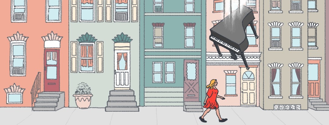 A woman is walking on a city street, not knowing that she is about to be right under a piano falling from the sky.
