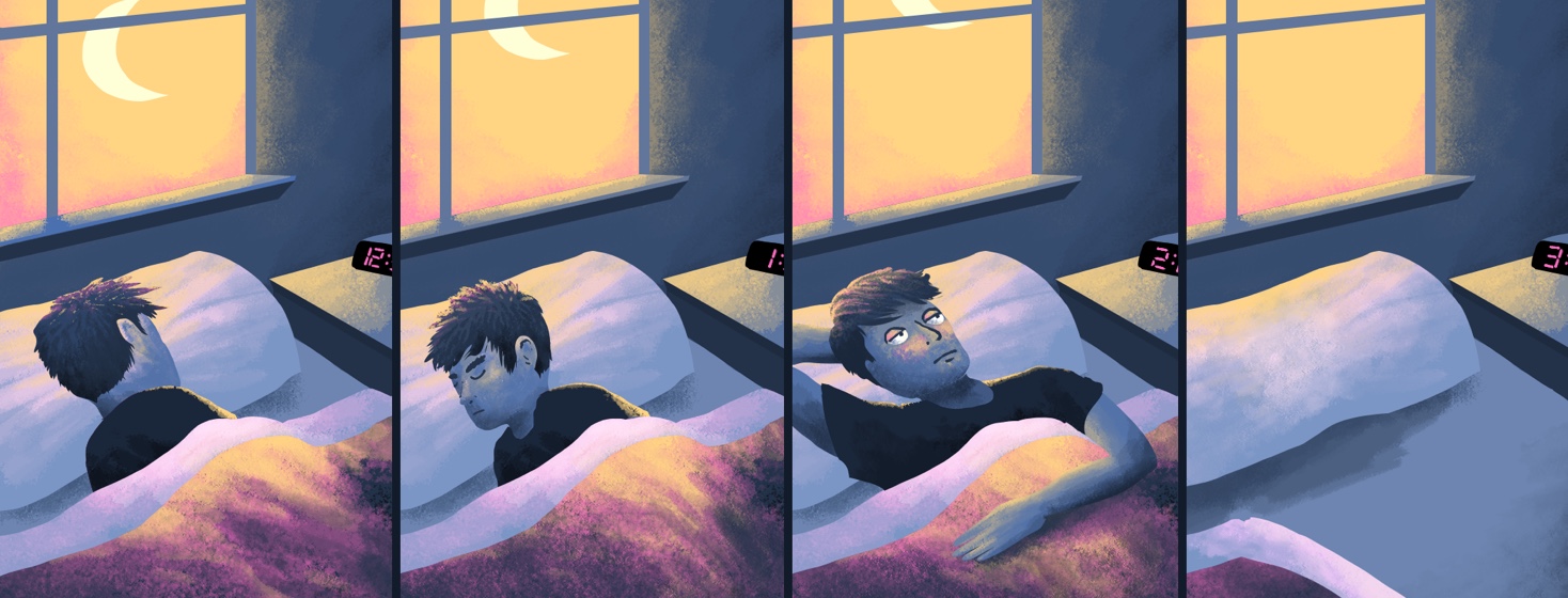 A man in seen in 3 stages of trying to get to sleep before he gives up and gets out of bed to go to the bathroom.