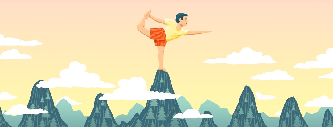 A person in a yoga pose balances on the top of a mountain, surrounded by similar peaks as well as valleys.