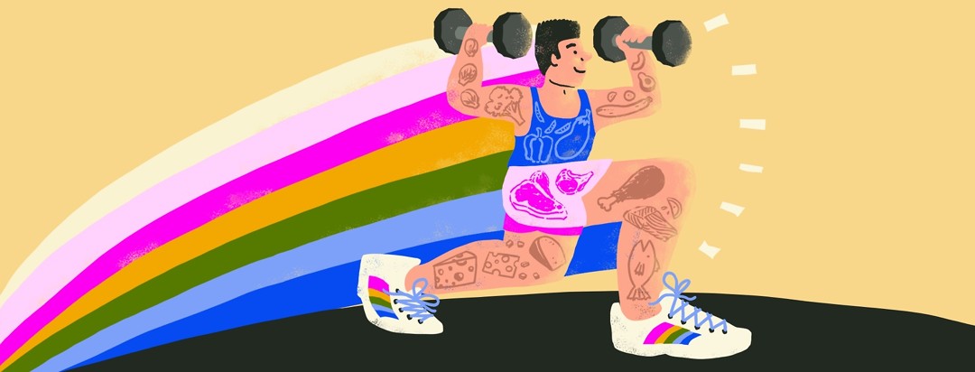A man in a lunge position also lifts dumbbells above his head as he moves to the right. On his body are drawings of foods from the keto diet, and as he moves he leaves a rainbow trail.