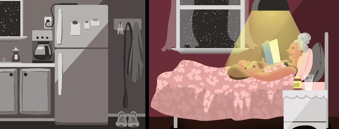 On the left, a dark room contains a items used during the day that have been put to rest in preparation for sleep (coffee maker, sneakers, electronic devices, etc). On the left, a woman is shown reading in bed under soft light.