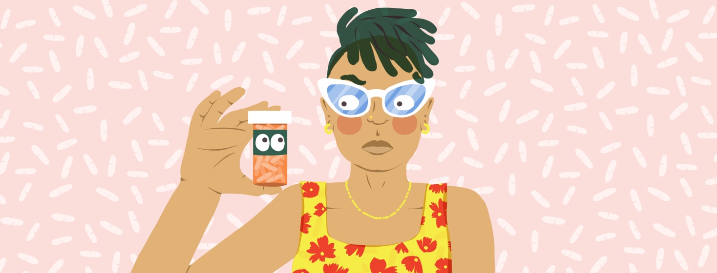 A woman looks skeptically at a bottle of pills she hold in her right hand as it stares back just a as skeptically at her.