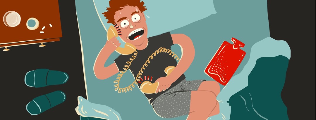 An angry and stressed man lies on his back on a bed with one telephone receiver to his ear and another (connected by the same cord) to his stomach.