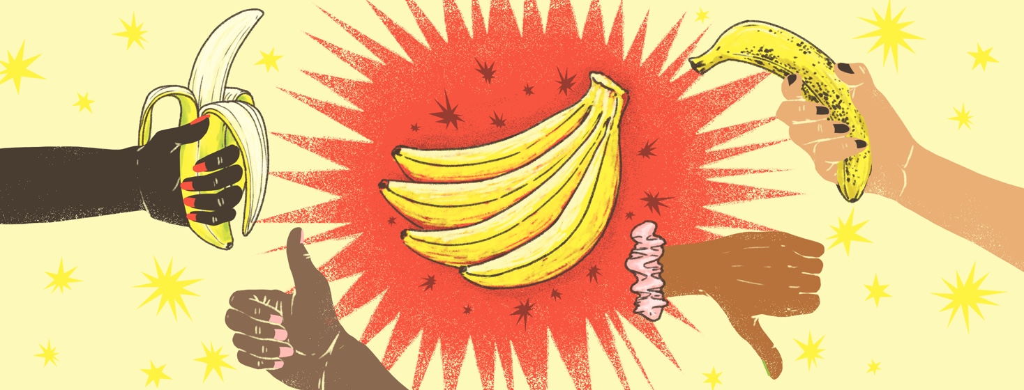 A bunch of bananas are highlighted from behind by a red burst. To the left is an open, yellow and green banana and a thumbs up, and to the right is a freckled, overripe banana with a thumbs down.