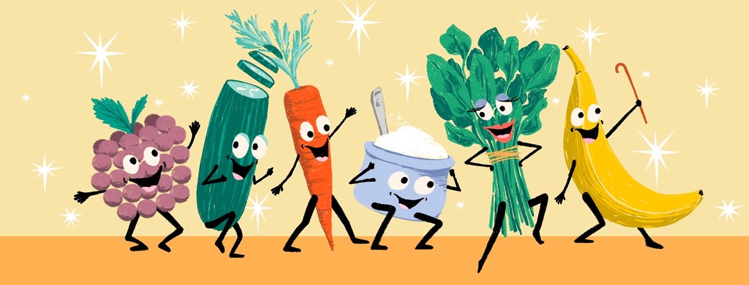 An animated raspberry, cucumber, carrot, bowl of sugar, bunch of spinach and banana march happily across a stage.