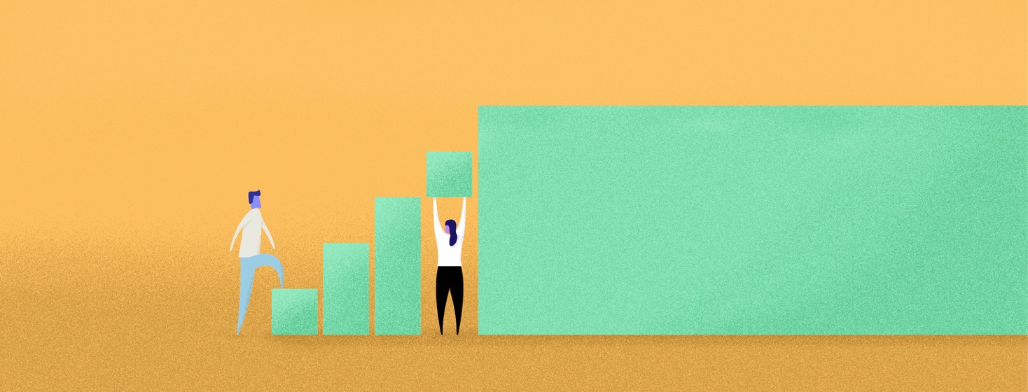 someone going up steps with another person holding up a step to fill in the gap and help them