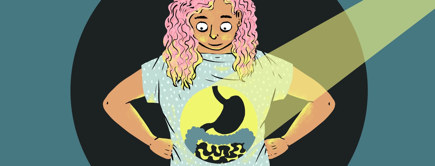 A woman in a hospital gown looks down at her GI tract, illuminated by a spotlight on her stomach.