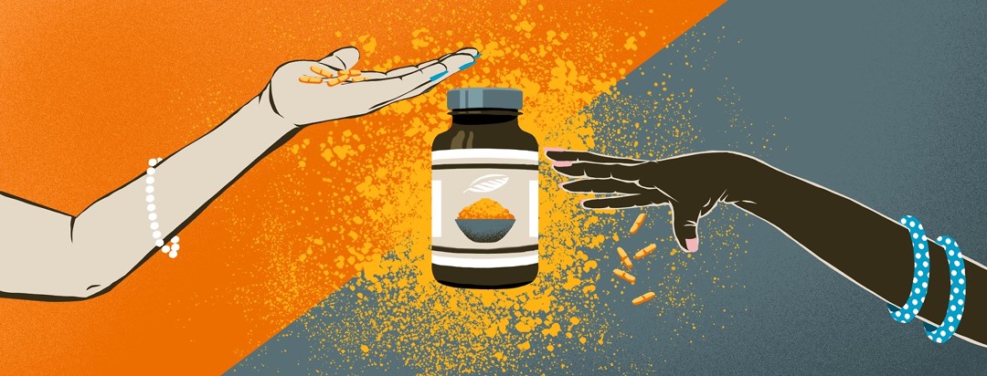 On the left, an arm extends with the hand holding several turmeric tablets. On the right, a different arm drops turmeric tablets. In the middle, a bottle of turmeric tablets is set against ground turmeric behind it.