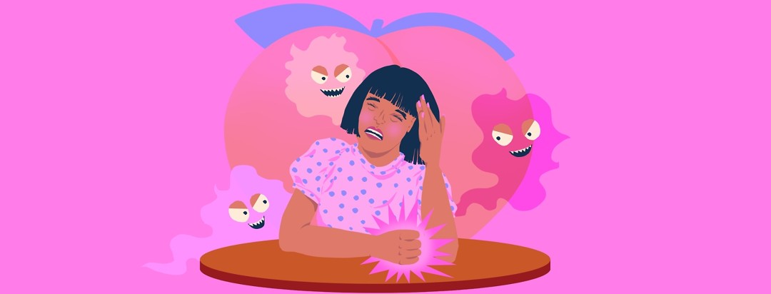 A frustrated-looking woman pounds her fist on a table as she wails in agony. Behind her looms a peach emoji that resembles a rear end, and several nefarious, evilly smiling wispy blobs.