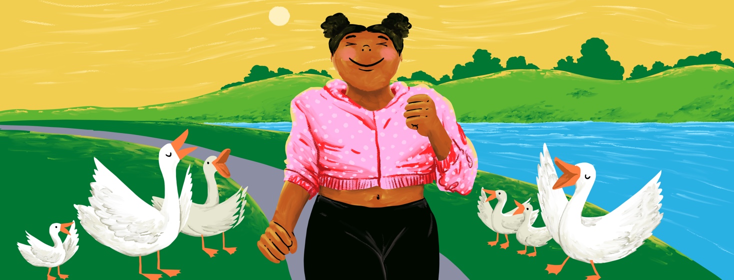 A happy woman proudly strolls along a path next to a river, while ducks on the grass on either side of her cheer her on.