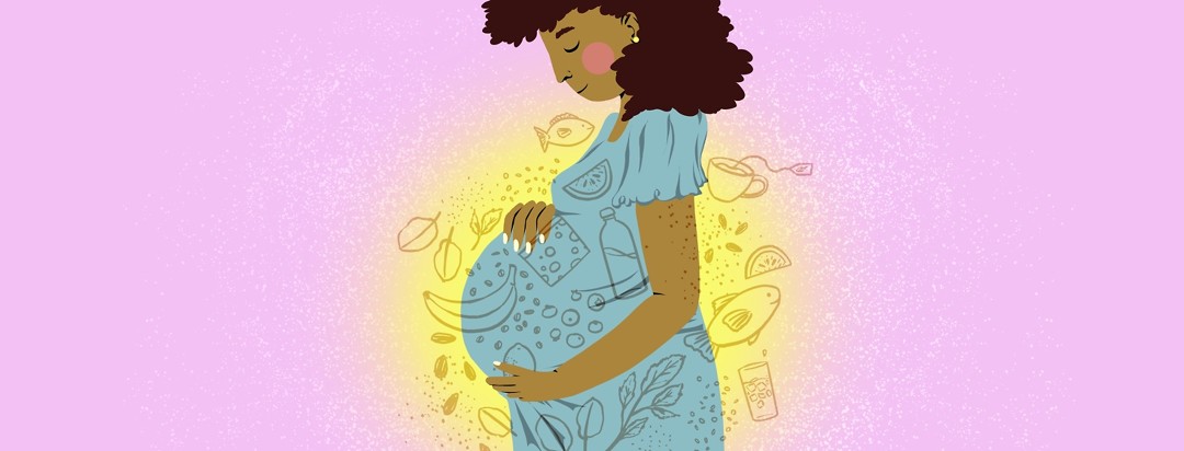 A pregnant woman tenderly holds her stomach. The outlines of foods from the low FODMAP diet that are also good to eat during pregnancy are overlaid on top of her figure.