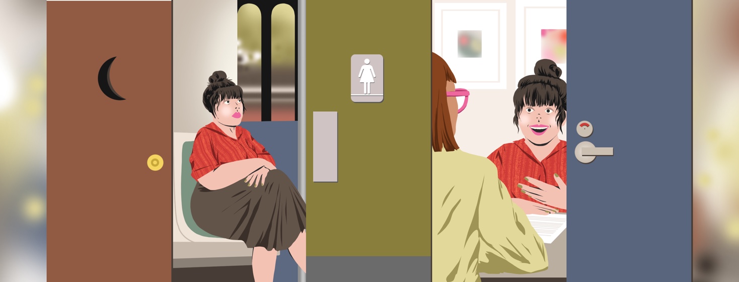 A woman is show in several different stages of activity during her day - riding the train, at a job interview, each scene separated by a bathroom door.