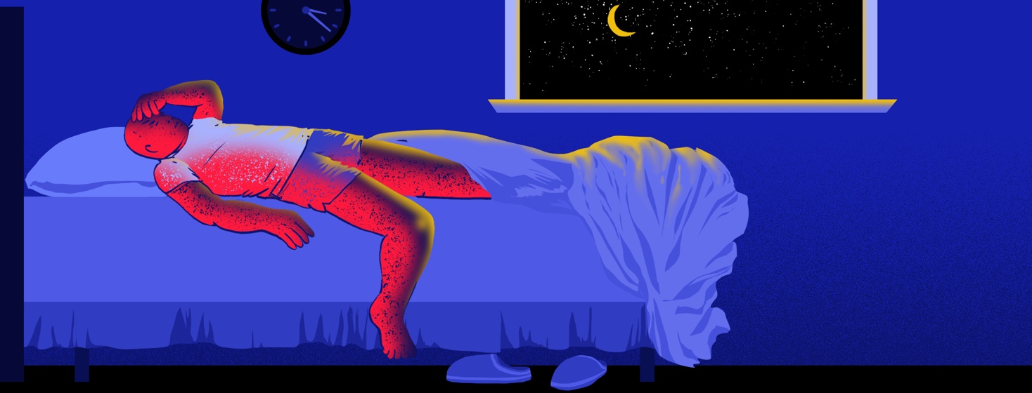 A man lies uncomfortably in bed, with one leg and arm over the side of the mattress to begin to get out of bed due to discomfort.