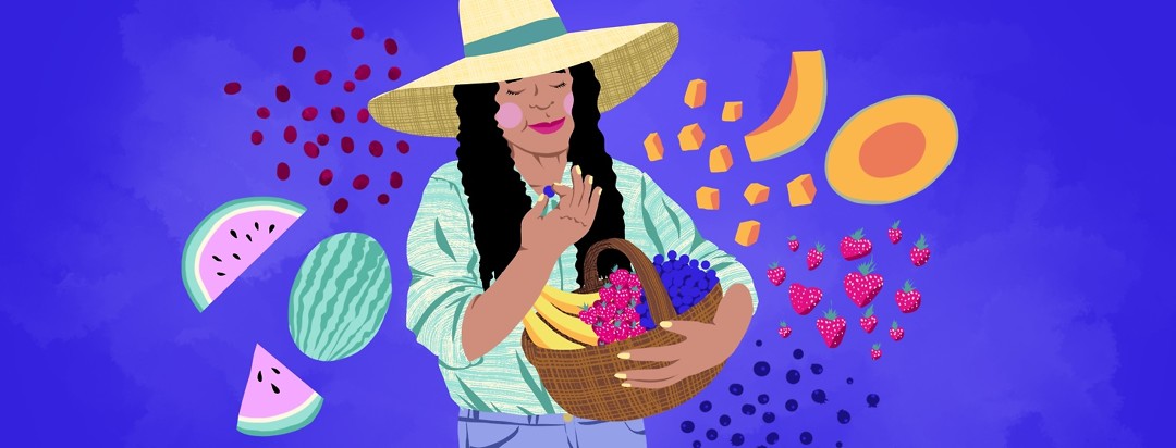 A woman contentedly munches on a berry with her eyes closed, while she carries a basket of other berries and is surrounded by other floating fruits.