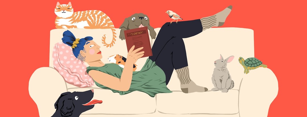 A woman reading sits with her feet up on a couch with all kinds of pets surrounding her.