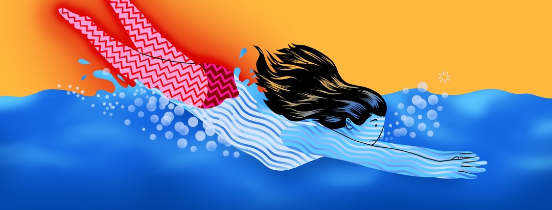 A woman dives into a pool of water. The part of her body that is submerged has a soothing pattern of wavy lines. The part of her body exposed to the air has a jagged zigzag line on it.