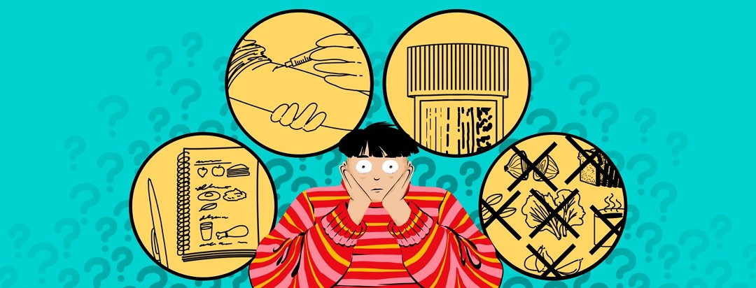 A bewildered-looking person sits with their head in their hands. Behind their head are circles showing a food diary, a person getting blood drawn, a stool test bottle, and foods that are crossed out.