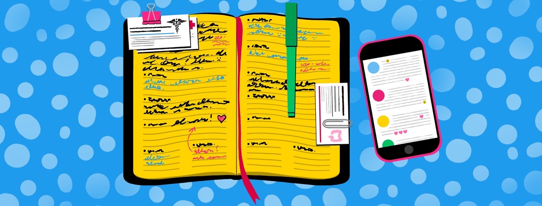 A dayplanner with business cards clipped to the pages is filled with various notes. A cellphone shows the screen scrolling through comments and conversations by people in a forum.
