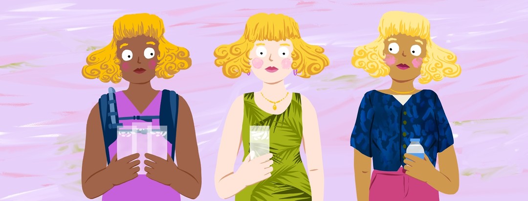 Three women who resemble Goldilocks each hold varying levels of water in glasses and bottles.