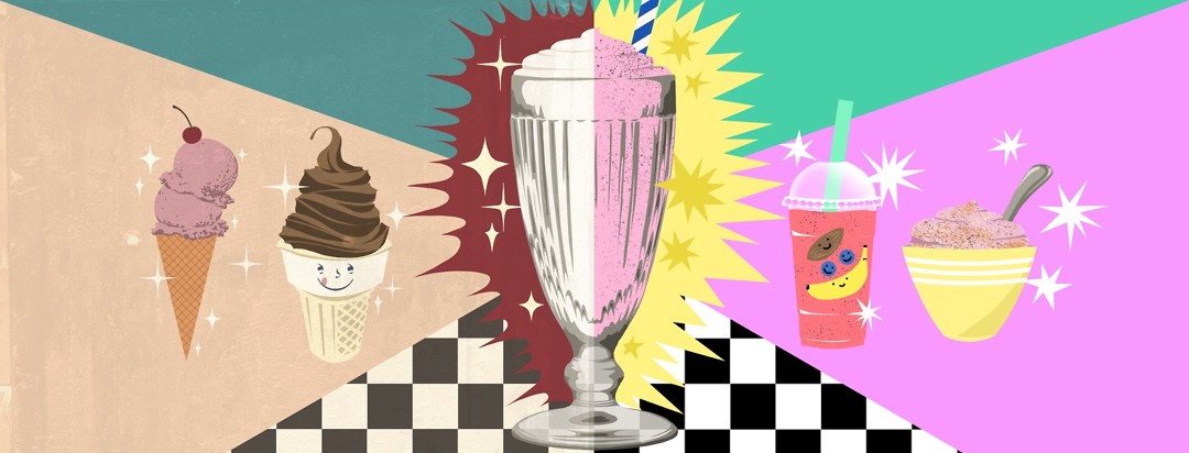 A glass filled with half milkshake, half smoothie. To the left of the milkshake half are vintage drawings of a cake cone and a sugar cone, both with ice cream in them. To the right of the smoothie side is a more modern drawing of a smoothie in a plastic cup and smoothie in a bowl.