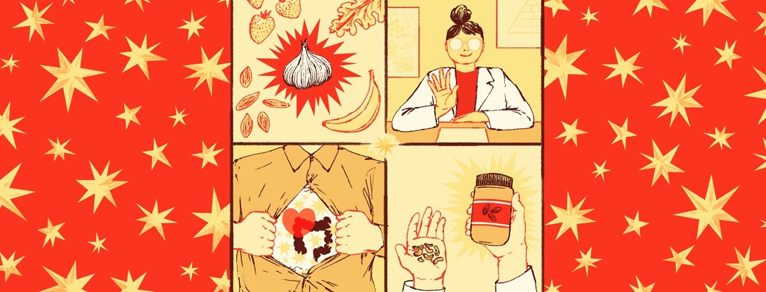 Four panels are arranged in a square. They show several foods with one highlighted; a dietician seated at a table; a person with cashews in one hand and a jar of almond butter in the other; and someone revealing a shirt featuring a large intestine with a heart and stars around it underneath another shirt.