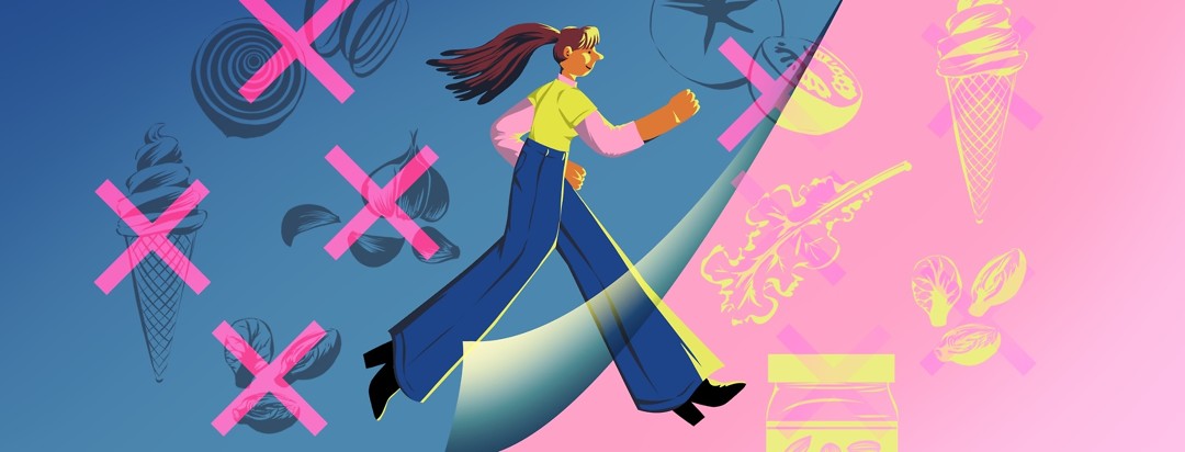 A woman strides confidently across a turning page which shows some foods crossed out on the left and some of the same foods and others only slightly crossed out on the right, as if the x's had been somewhat erased.