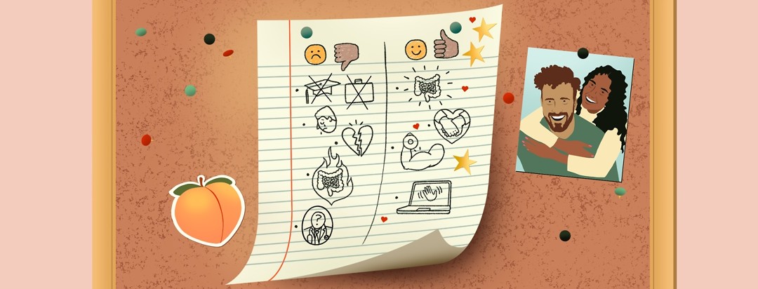 A paper pinned to a bulletin board shows two side by side lists of good and bad items. Also stuck to the board is a sticker of the peach emoji and a photo of a happy couple.