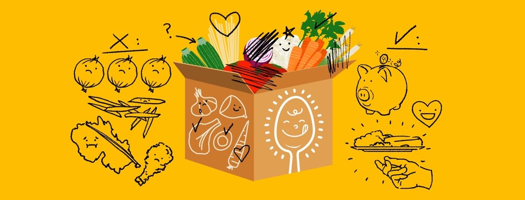 A picture of a meal kit delivery box bursting with food is drawn over with items circled, scratched out, hearted, and otherwise modified to show someone's dissatisfactions and things they liked about the box.