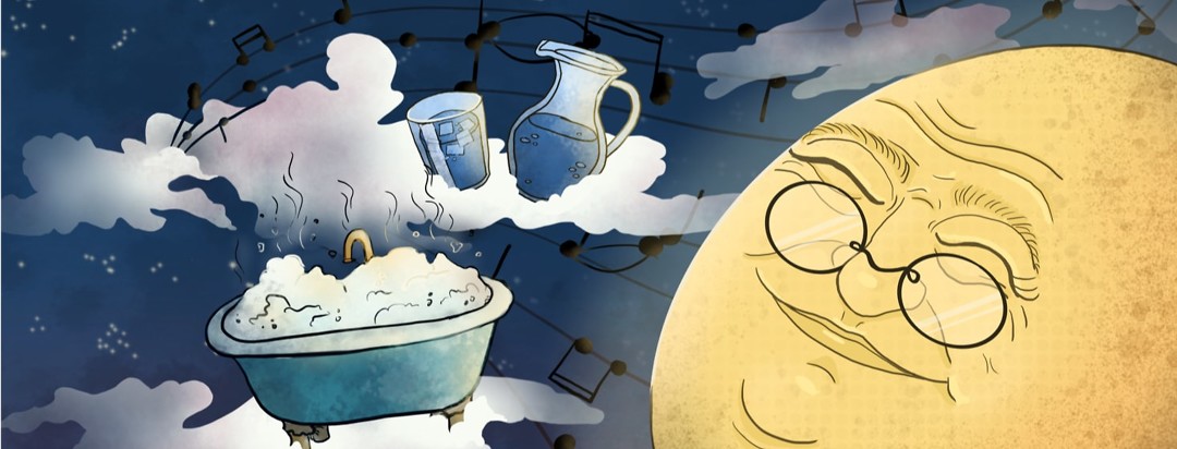 Moon smiling at a hot bubble bath, water glass and pitcher, and music notes floating in the clouds
