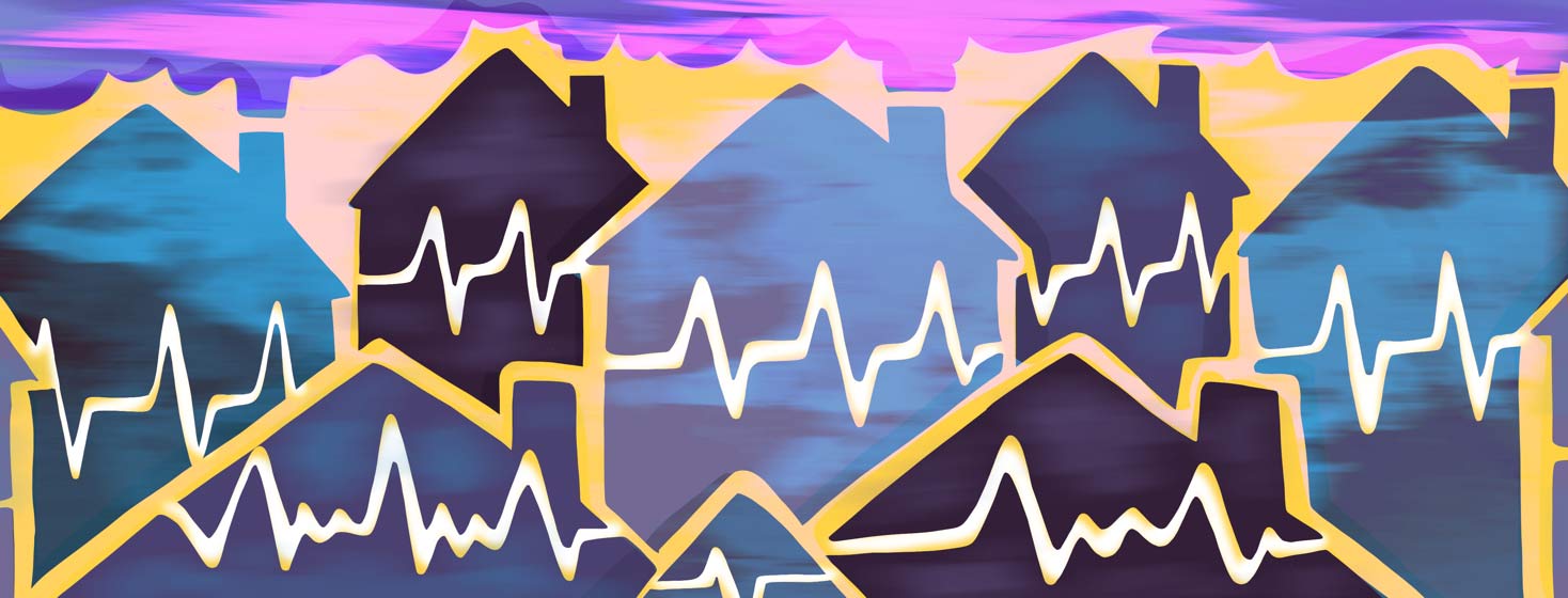 A block of houses with heartbeat monitor lines running through them.