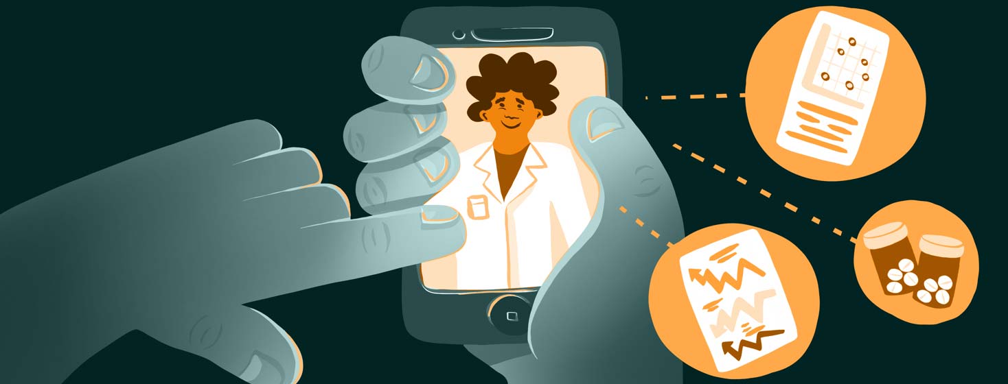 A person accepts a telehealth call on their smartphone, with the doctor pictured on the screen and certain documents and medications showing preparedness featured in bubbles