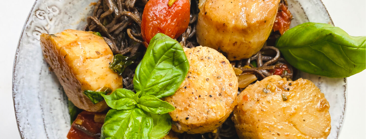 Tomato Basil Scallops with Black Rice Noodles Recipe IBS
