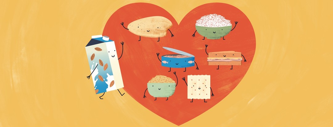 A group of happy foods including a baked chicken breast, a bowl of rice, a can of tuna, a sandwich, a bowl of oatmeal, and a saltine cracker welcome a walking, smiling carton of almond milk into the heart shape where they are all arranged.