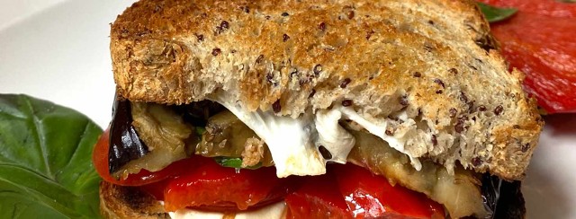 Roasted Eggplant, Mozzarella, & Red Pepper Sandwich image